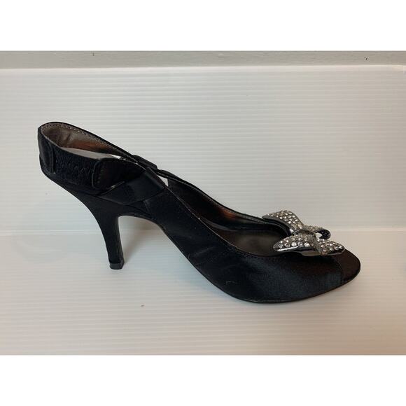 Steve Madden Luxe Black Satin Sling Back Heels Rhinestone Bow Toe US 6.5 - Picture 6 of 15